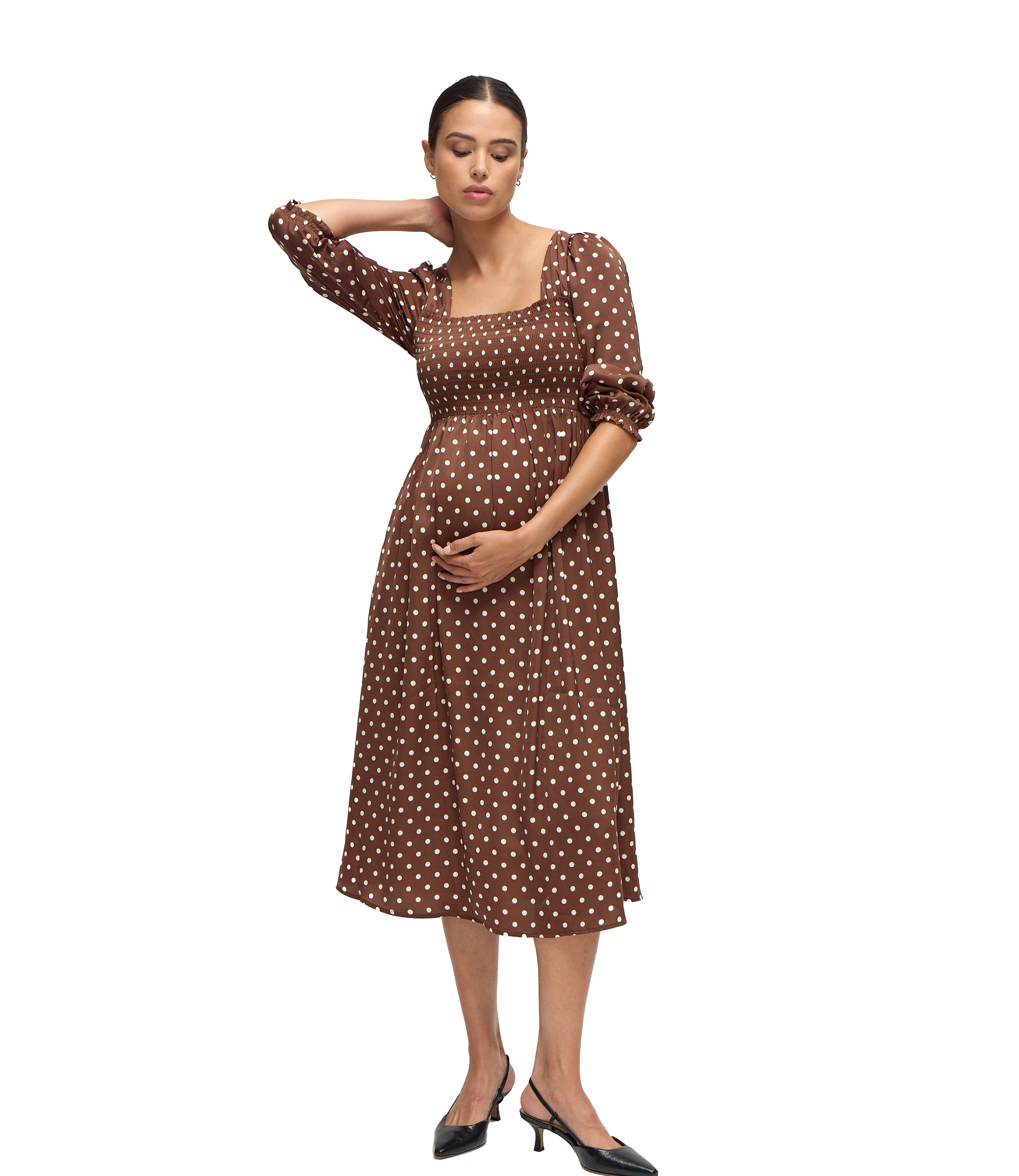 The Breeze Maternity Midi Dress - Espresso/White Dot