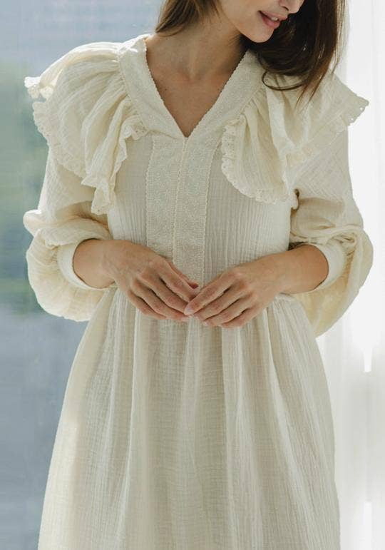 Cotton Gauze Ruffle & Lace Maternity Dress