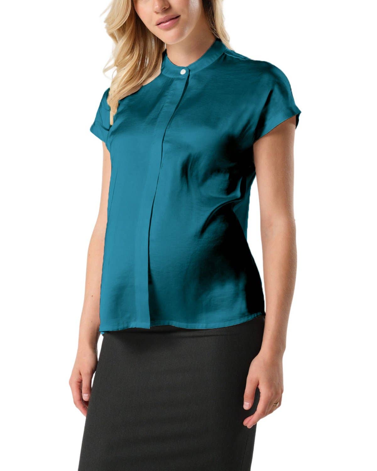 Short Sleeve Satin Maternity Shell Top with Concealed Nursing Zip