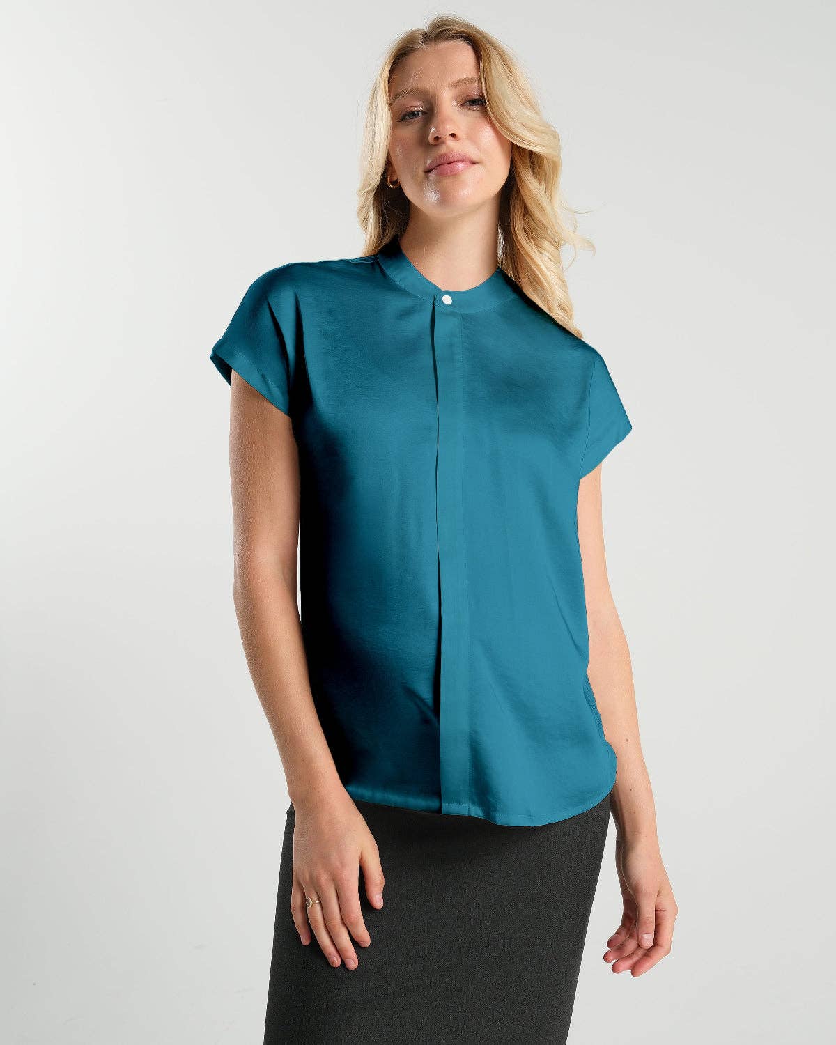 Short Sleeve Satin Maternity Shell Top with Concealed Nursing Zip