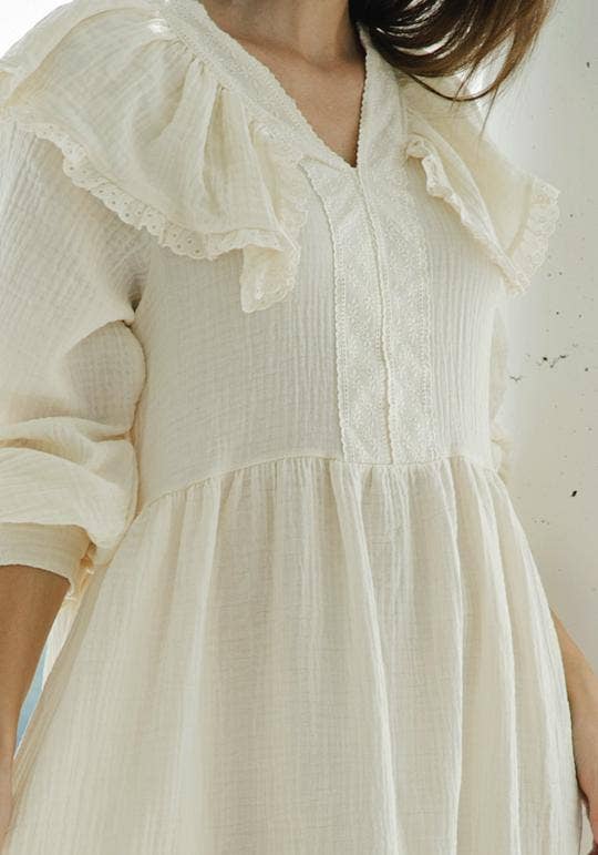 Robe de maternité en gaze de coton à volants et dentelle