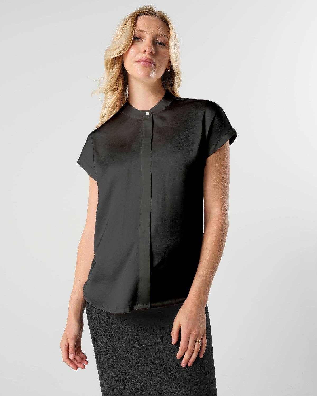 Short Sleeve Satin Maternity Shell Top with Concealed Nursing Zip