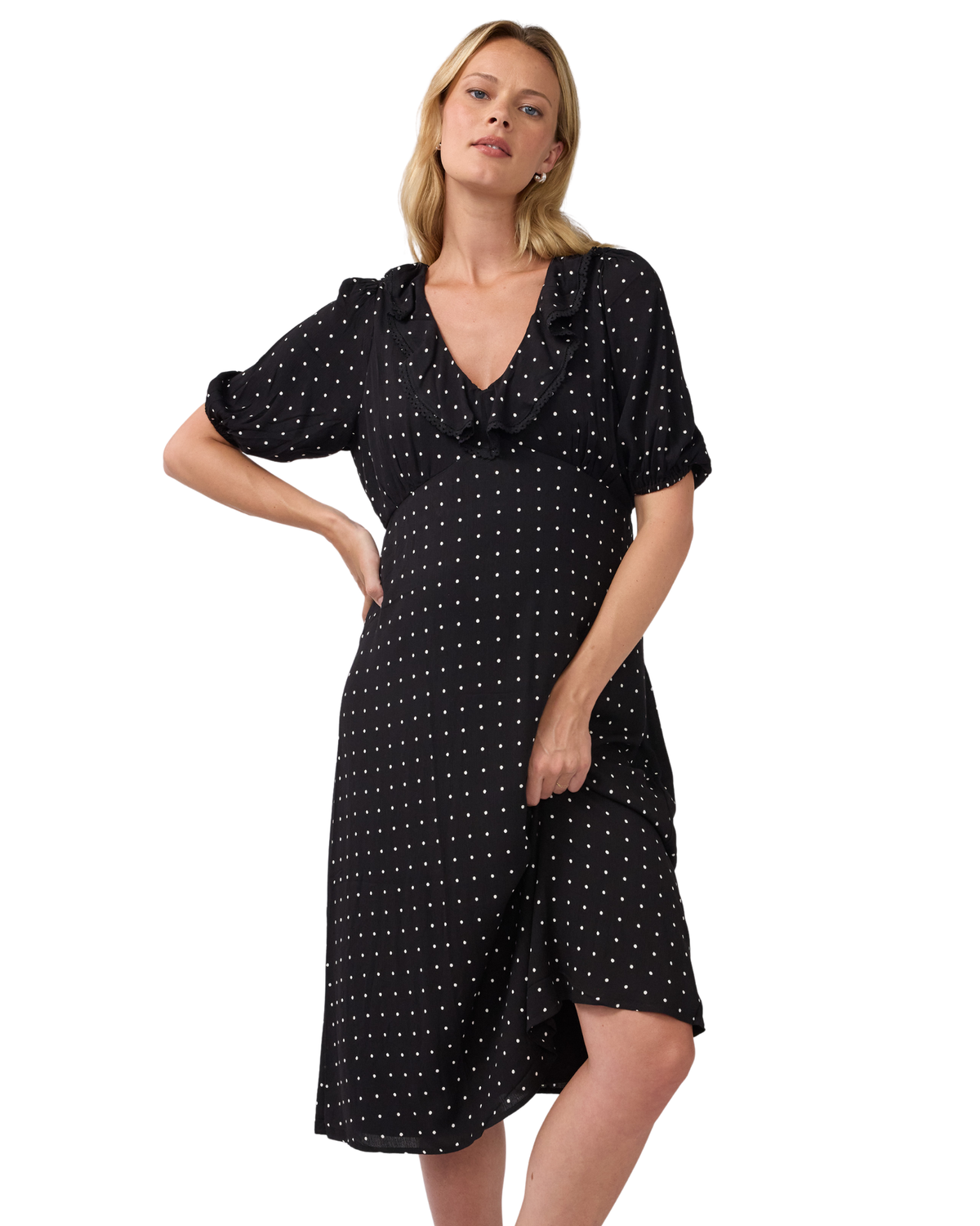 Ruffle V-Neck Maternity Midi Dress