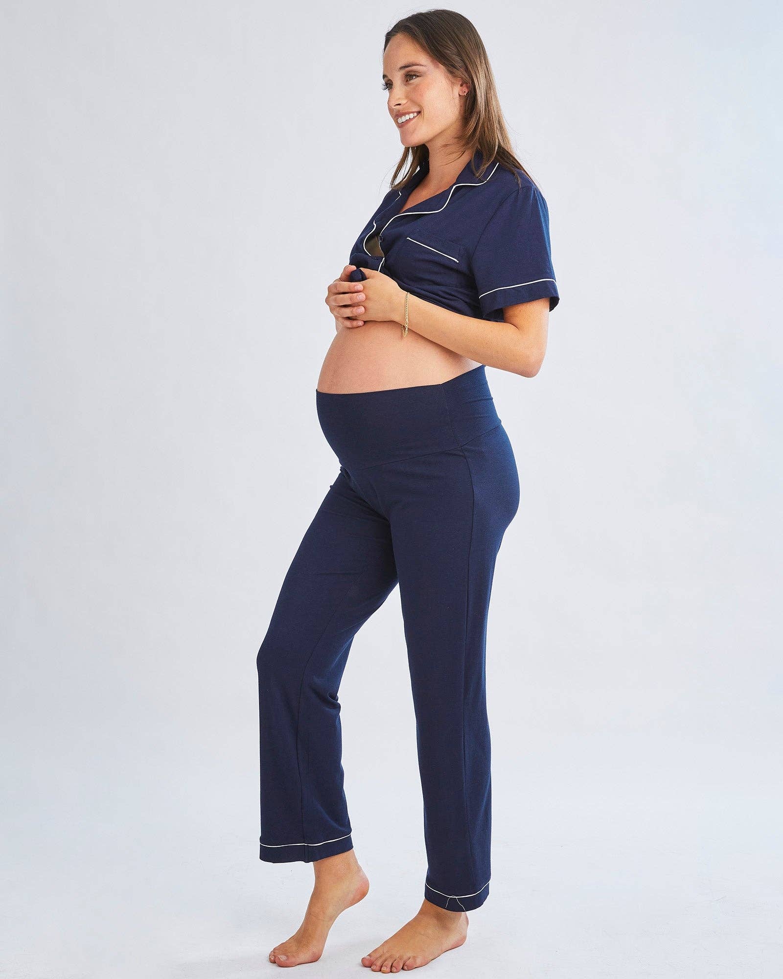 Navy Button Front Maternity & Nursing Sleep Set