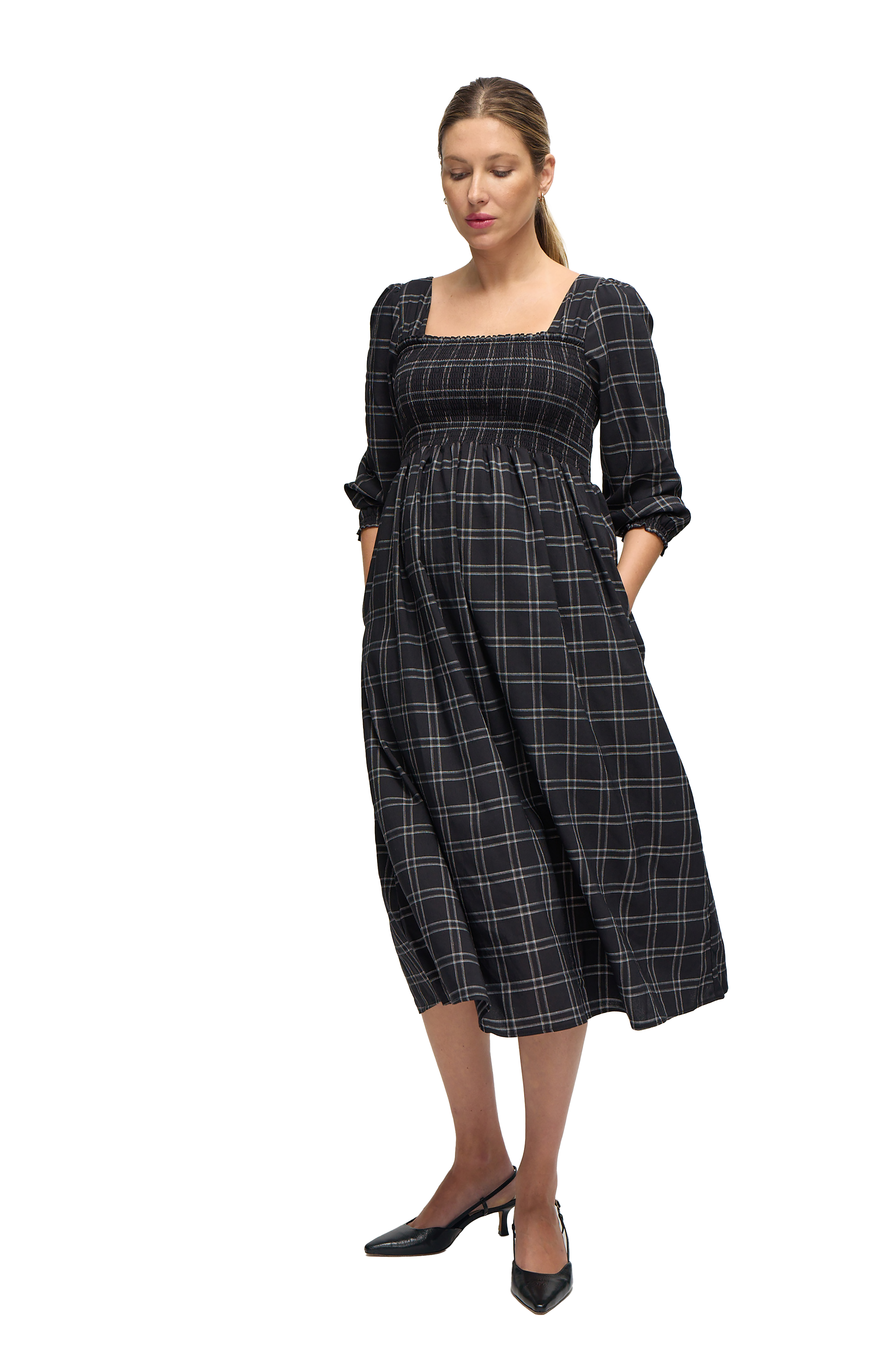 The Breeze Ruffle Sleeve Midi Dress - Black/White