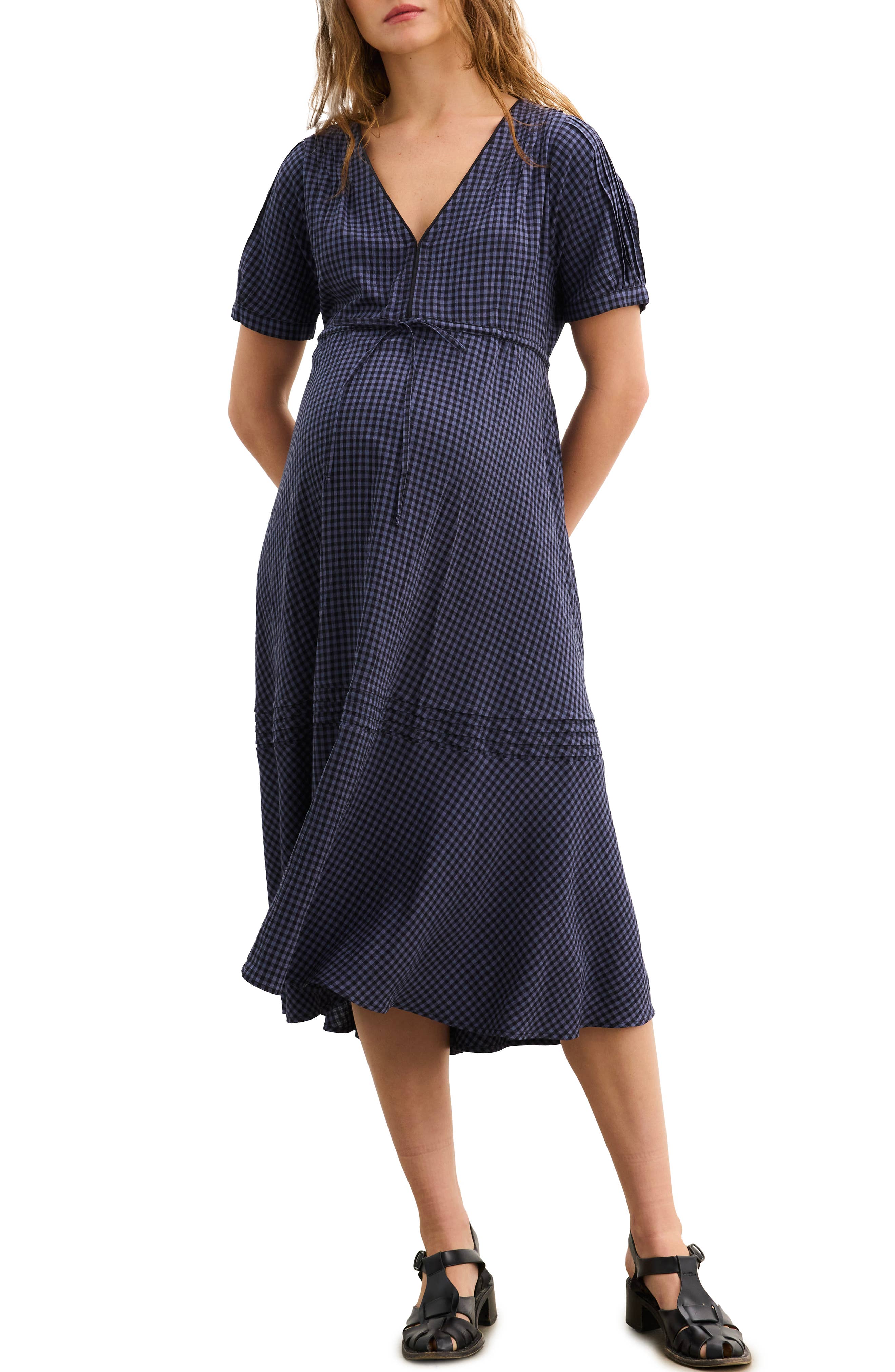 Robe de maternité en seersucker vichy à col en V