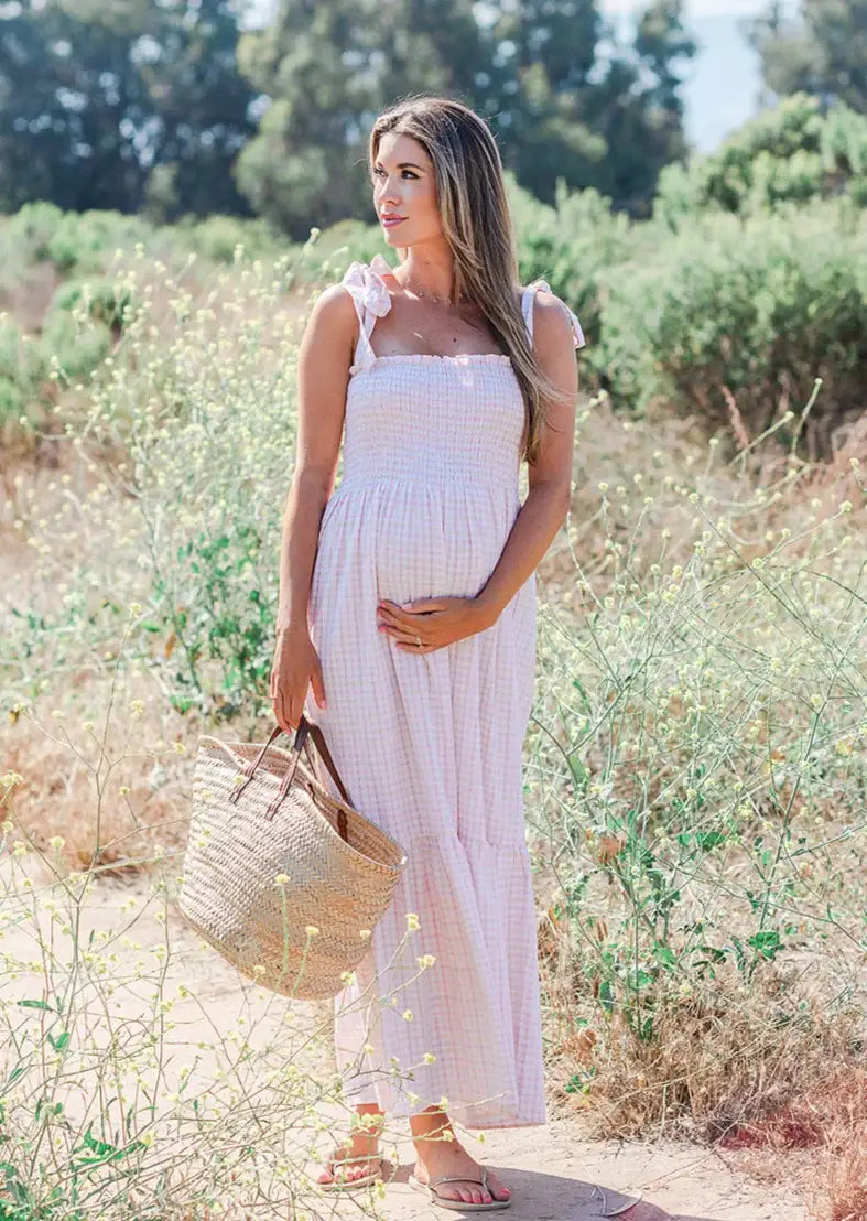 Robe longue rose en seersucker