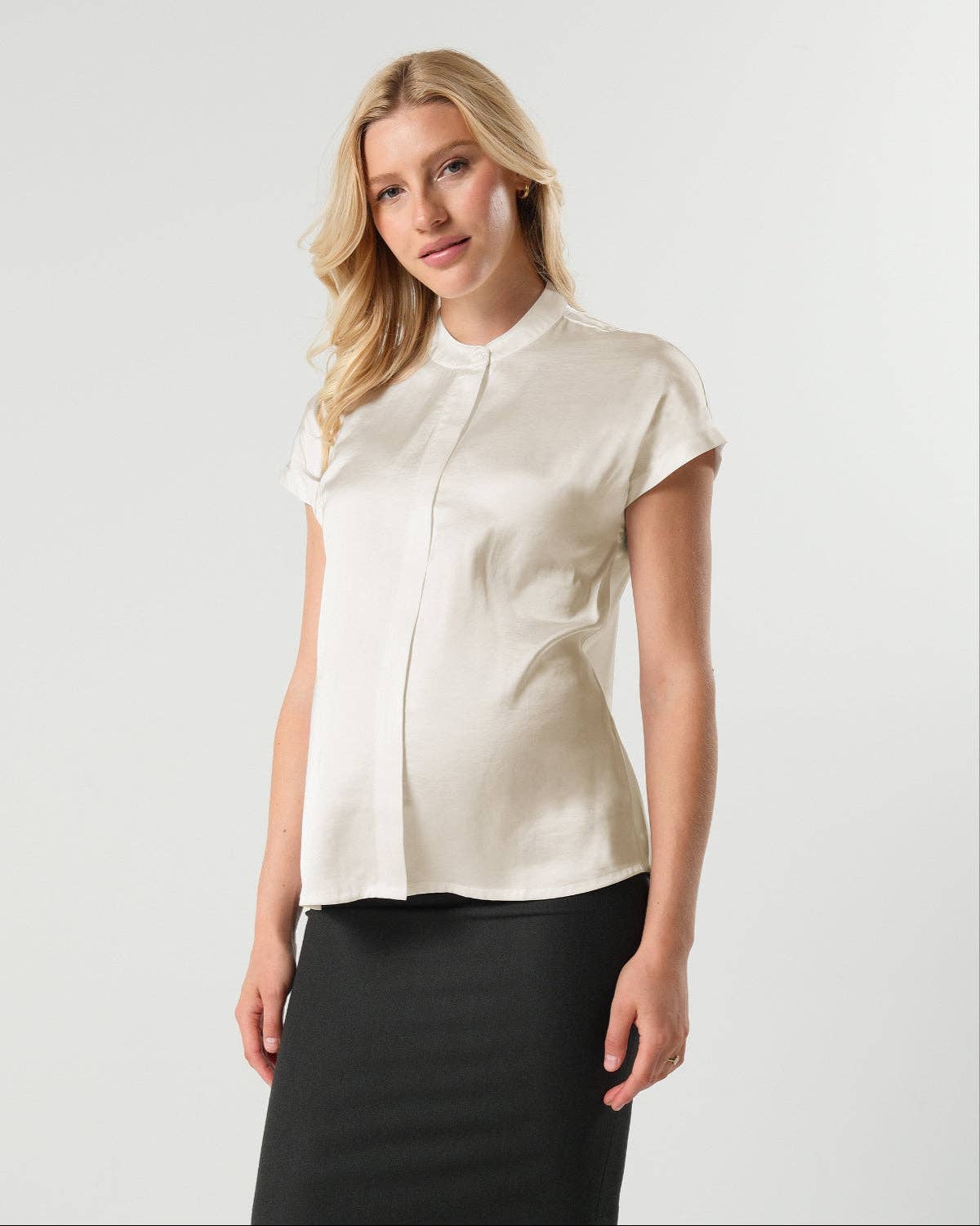 Short Sleeve Satin Maternity Shell Top with Concealed Nursing Zip