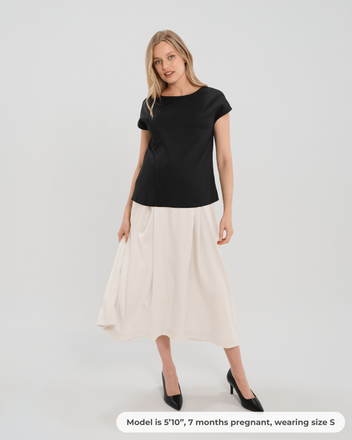 Over-Under Bump Pleated Maternity Maxi Skirt in Cream Satin