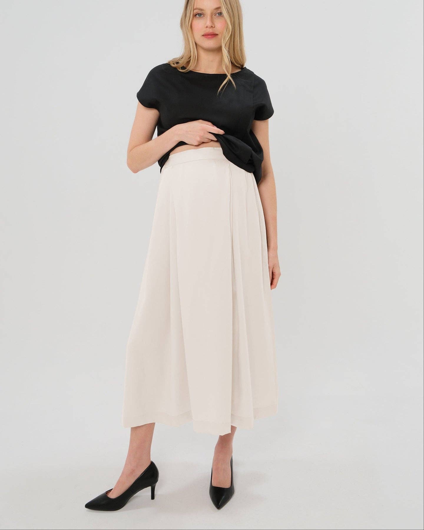 Over-Under Bump Pleated Maternity Maxi Skirt in Cream Satin