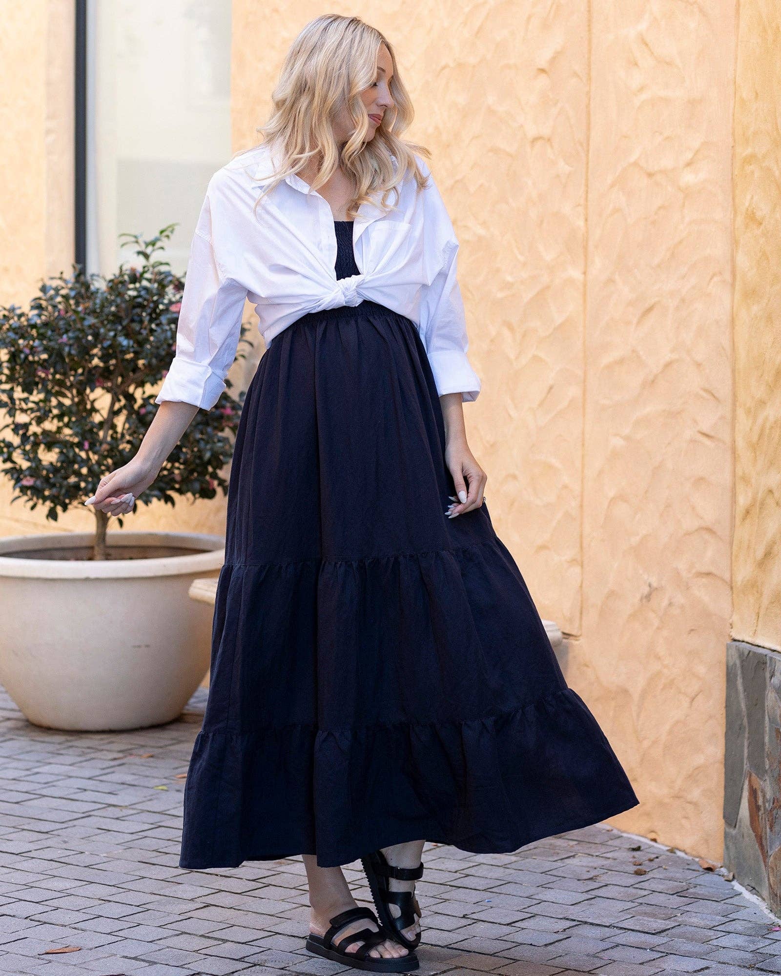 Lilliana Maternity Maxi Linen Dress (Navy)