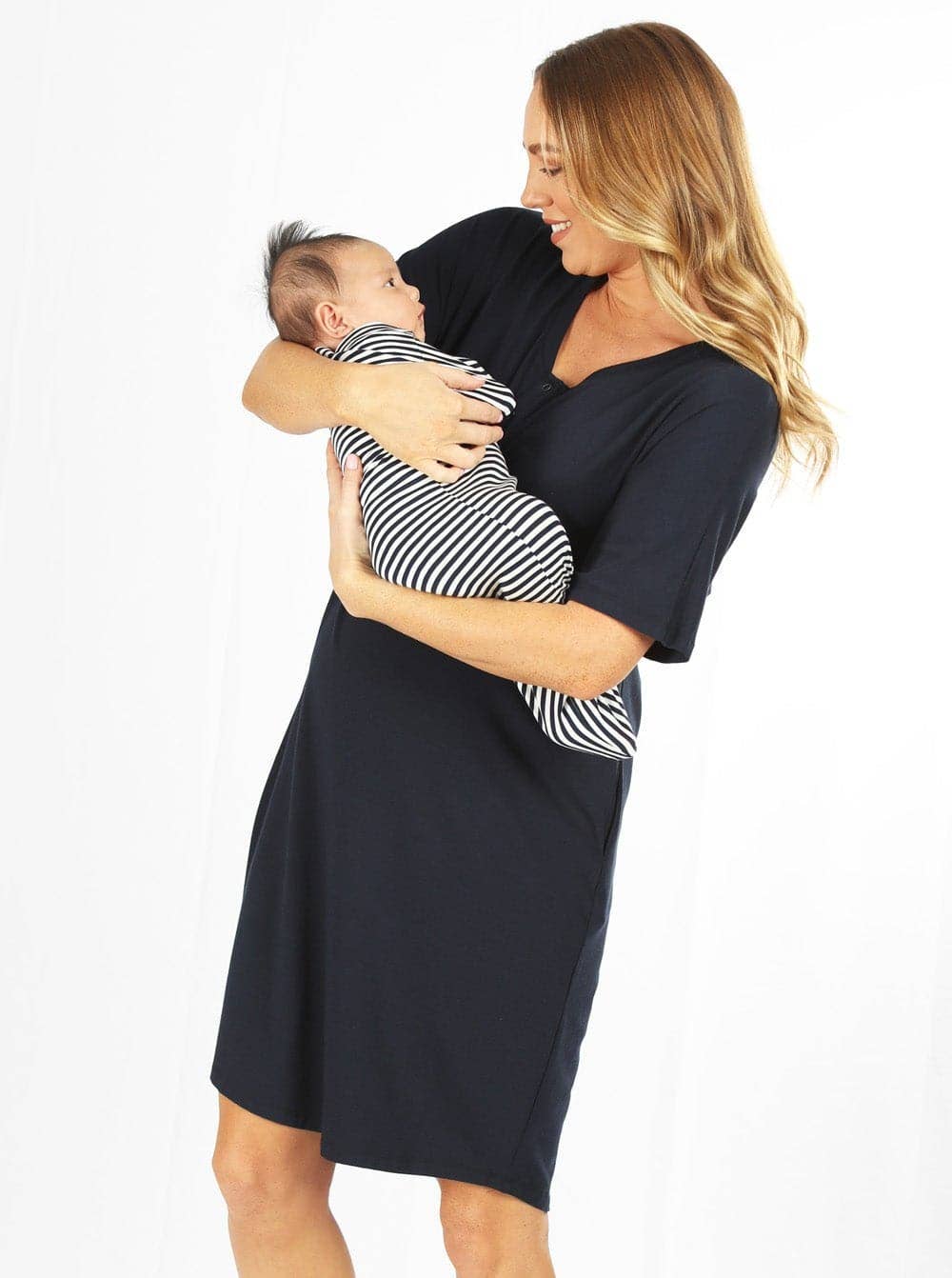 Mama Hospital Nightie with Baby Pouch (Navy)