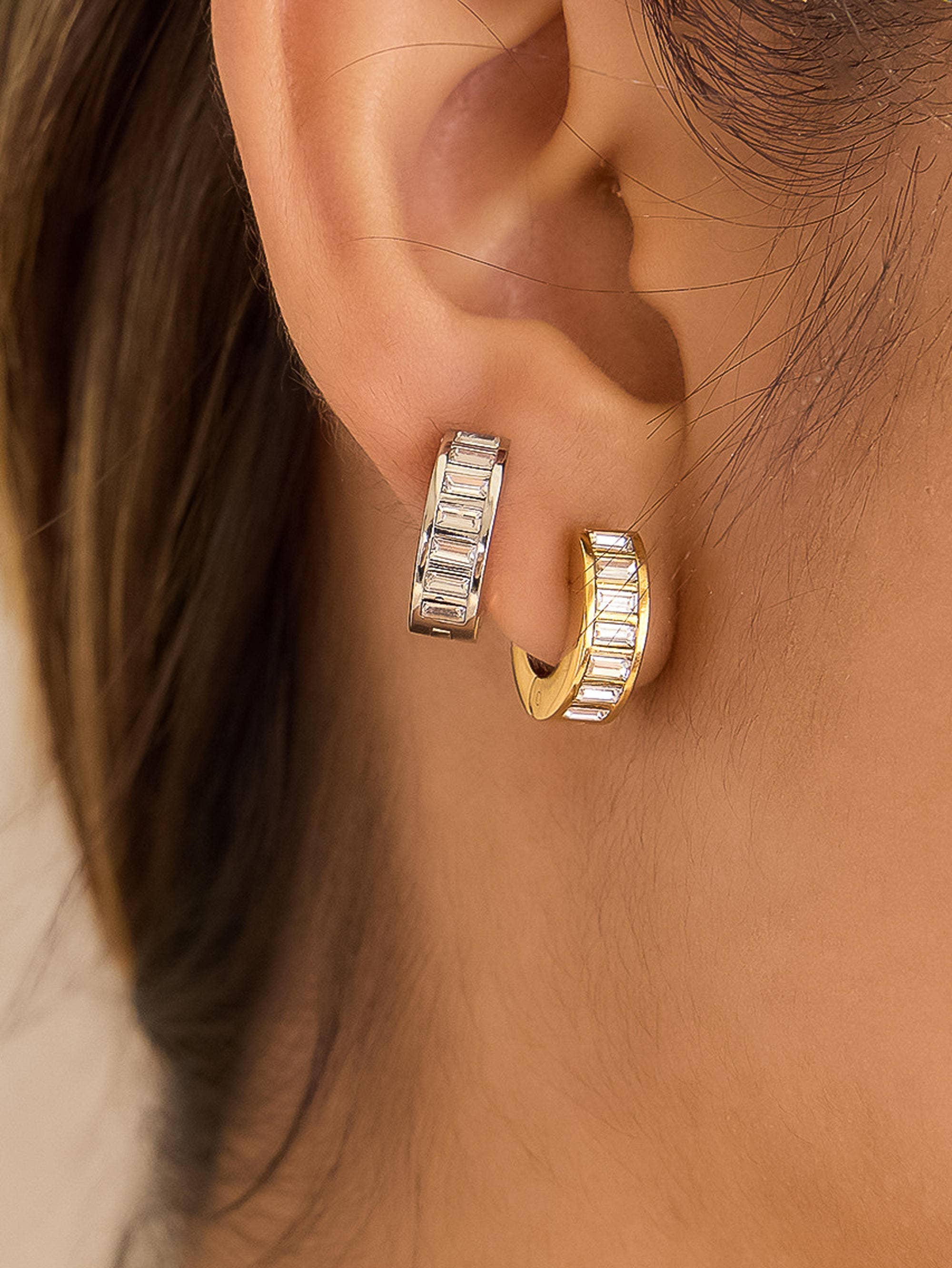 Joielle 18K Gold Non-Tarnish Baguette CZ Hoop Earrings