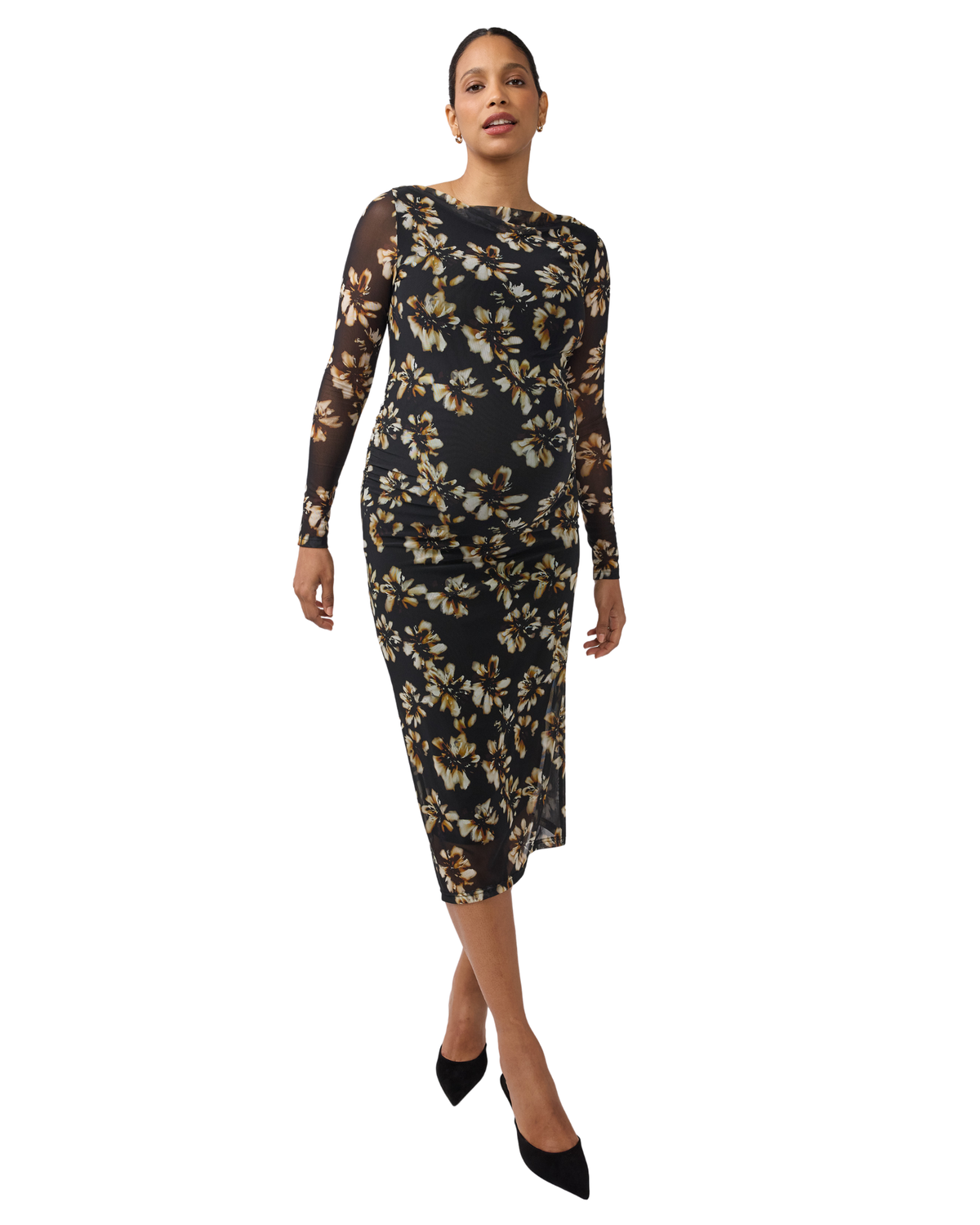 Long Sleeve Ruched Mesh Maternity Midi Dress