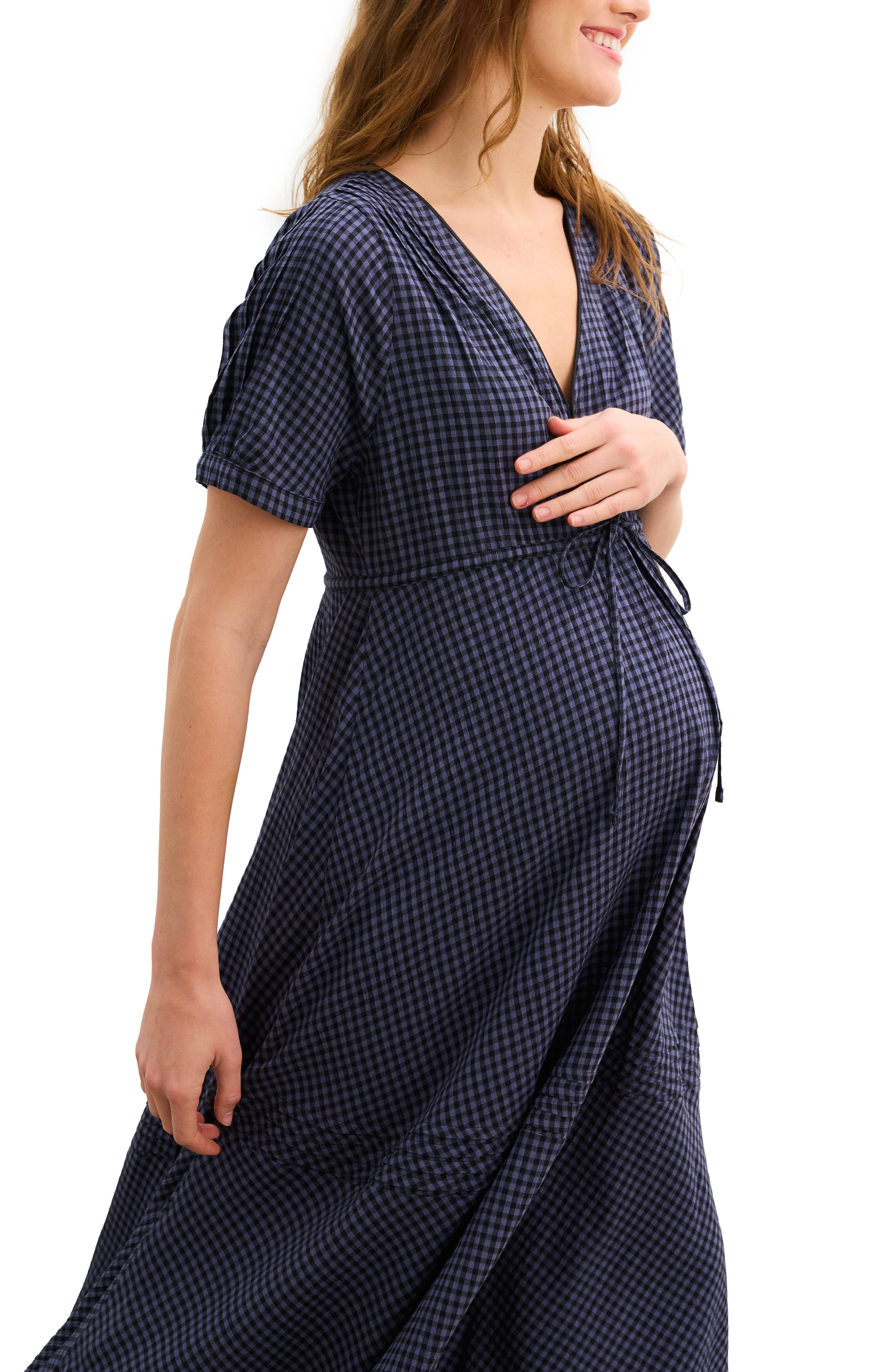 Robe de maternité en seersucker vichy à col en V