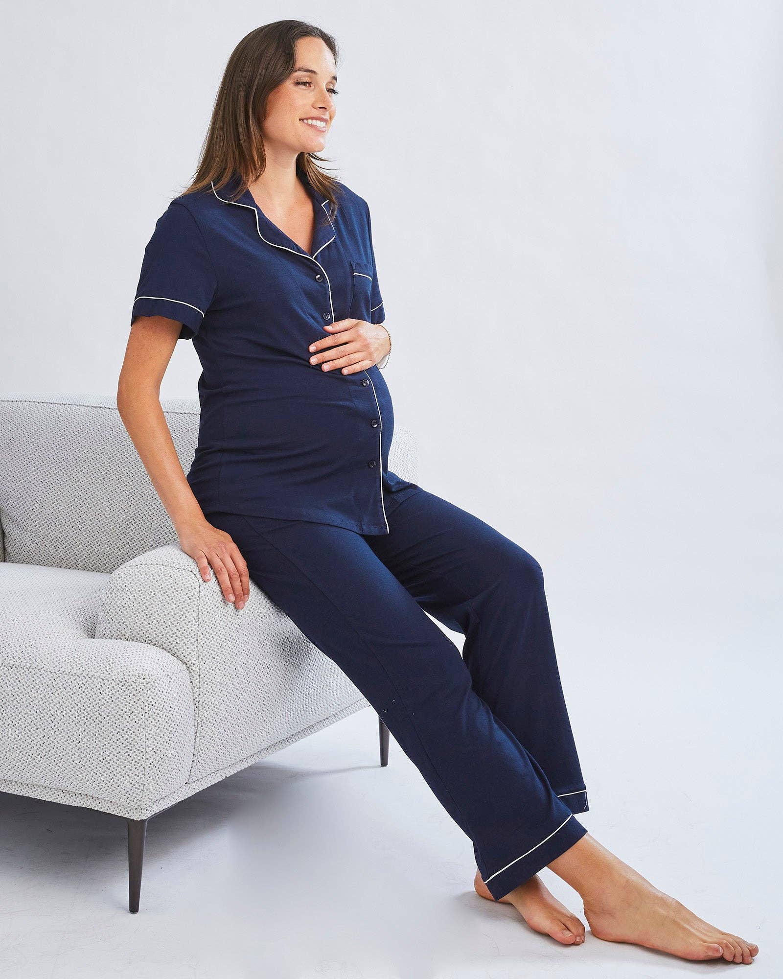 Navy Button Front Maternity & Nursing Sleep Set