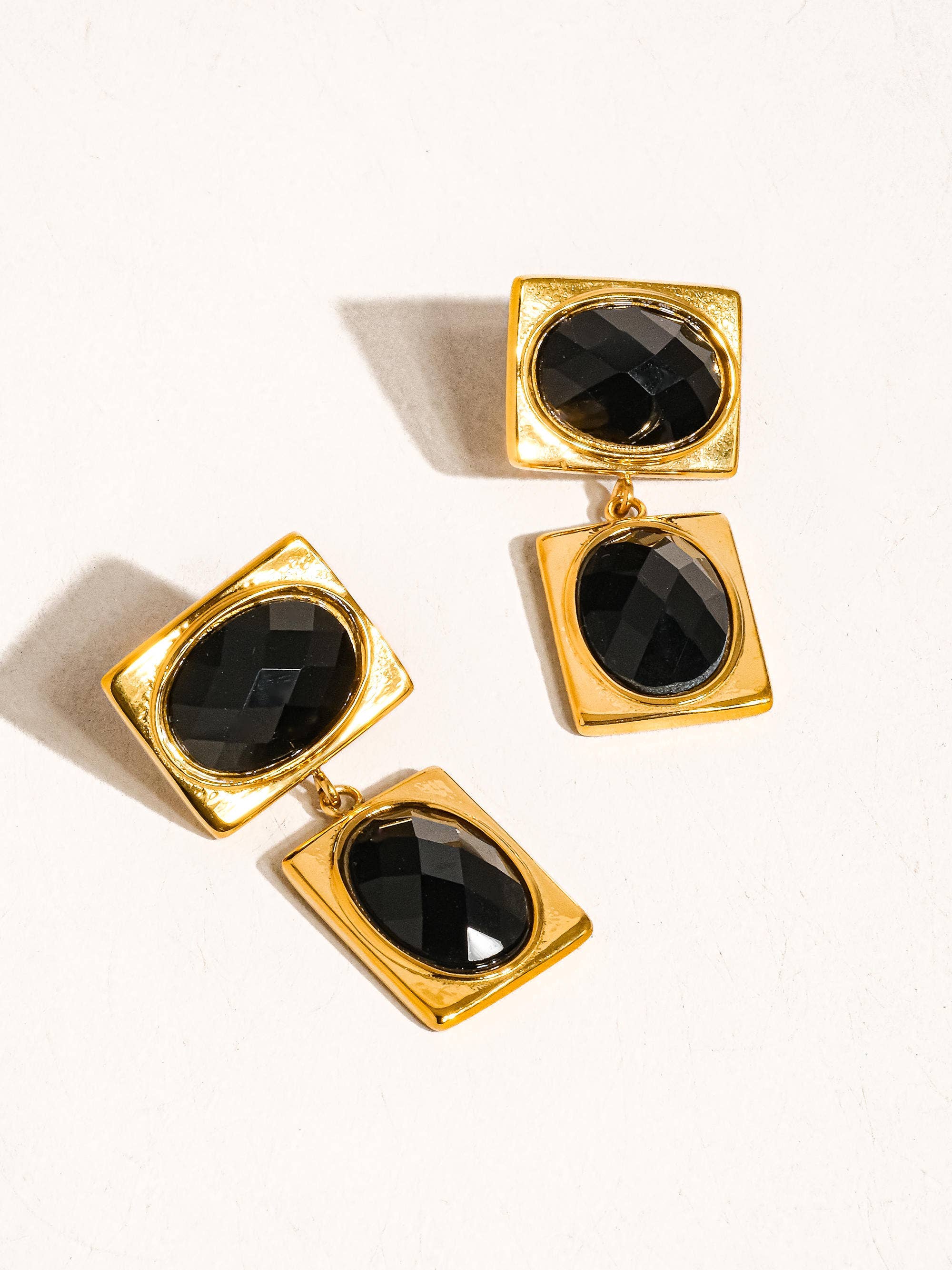 Chance 18K Gold Non-Tarnish Square Stone Earring: Black