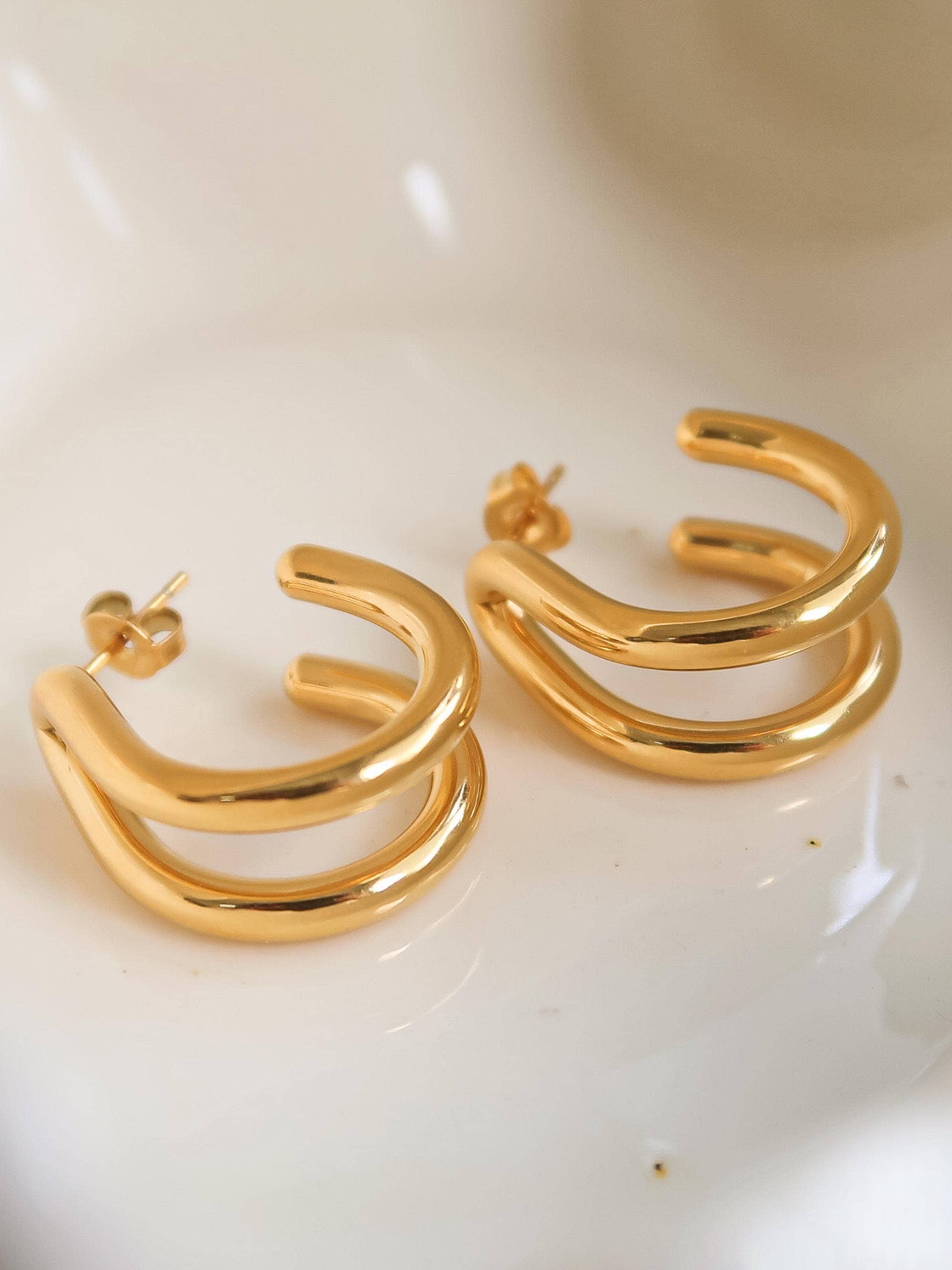 Lucille 18K Gold Non-Tarnish Double C Hoop Earrings