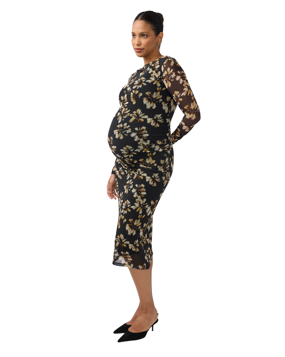 Long Sleeve Ruched Mesh Maternity Midi Dress