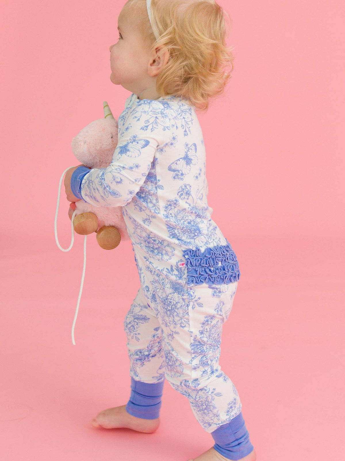 SoftSnooze™ Bamboo Periwinkle Butterfly Garden Convertible Ruffle Footie