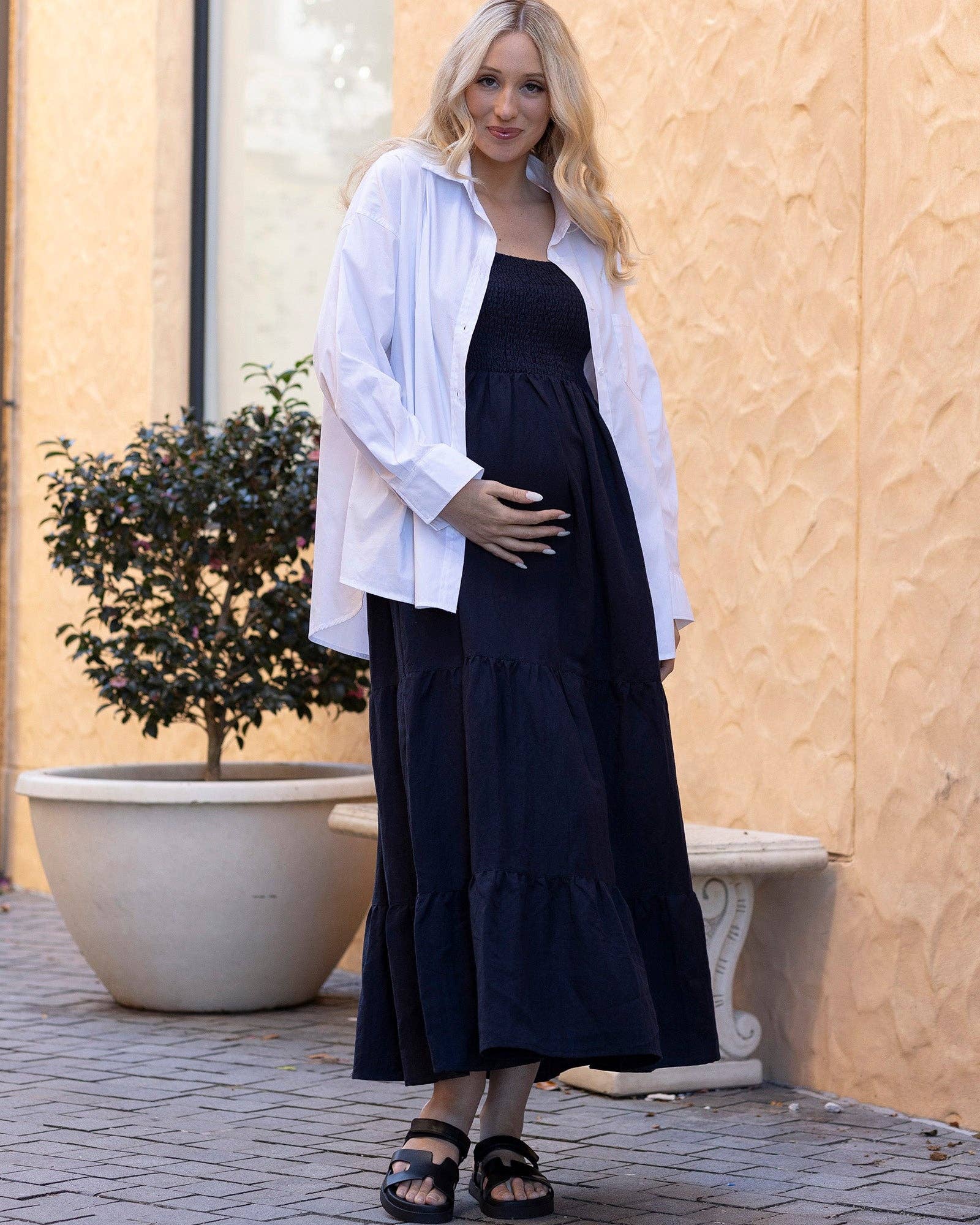 Lilliana Maternity Maxi Linen Dress (Navy)