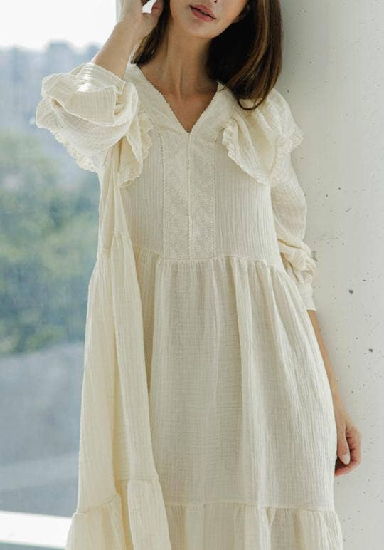 Cotton Gauze Ruffle & Lace Maternity Dress