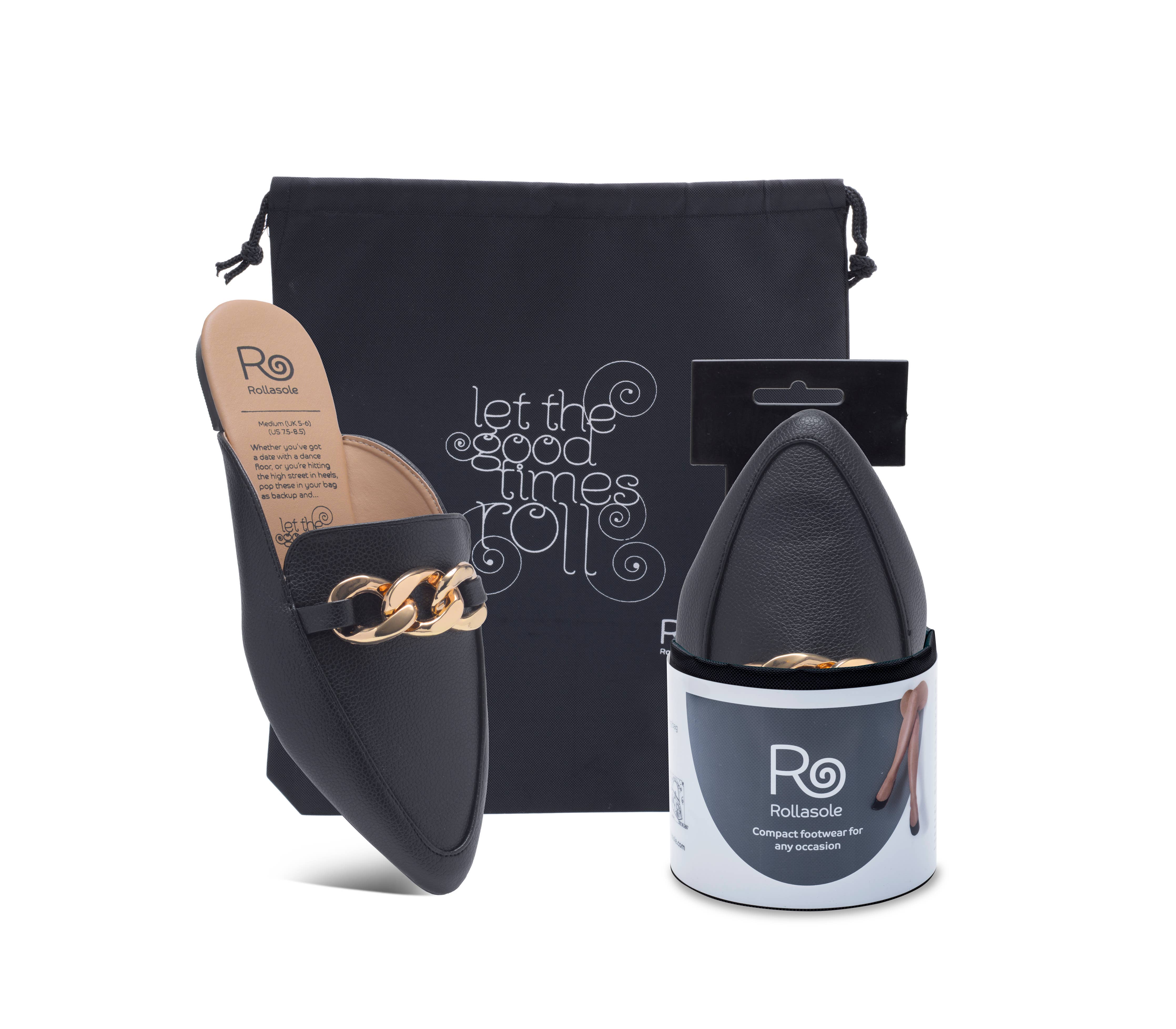 Centre-ville – Mules noires sans talon avec détail de chaîne dorée